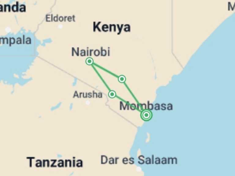 Map itinerary of Tsavo West National Park Tour in Winter with 6 destination visits for the trip: 4 Days Mombasa, Tsavo, Amboseli Safari