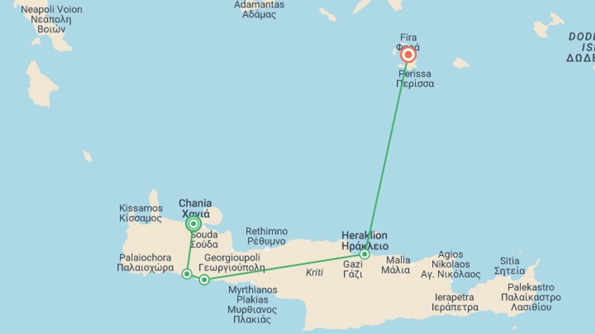 A map showing the tour itinerary for the trip: Crete & Santorini Discovery, starting in Chania, Greece and ending in Santorini, Greece going through 3 other destinations.