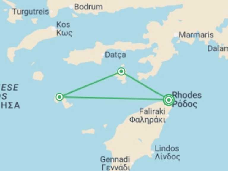 Map itinerary of Mediterranean Tour in June 2027 with 3 destination visits for the trip: Hiking Greece's Dodecanese Islands