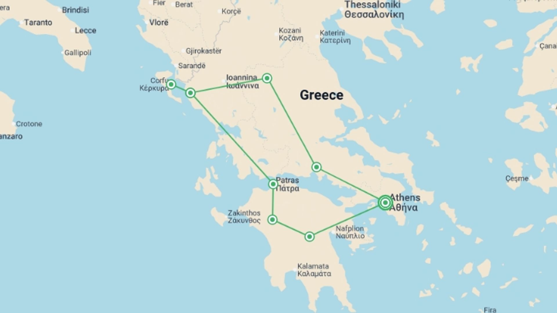 A map showing the tour itinerary for the trip: Peloponnese and Meteoras, starting in Athens, Greece and ending in Athens, Greece going through 0 other destinations.