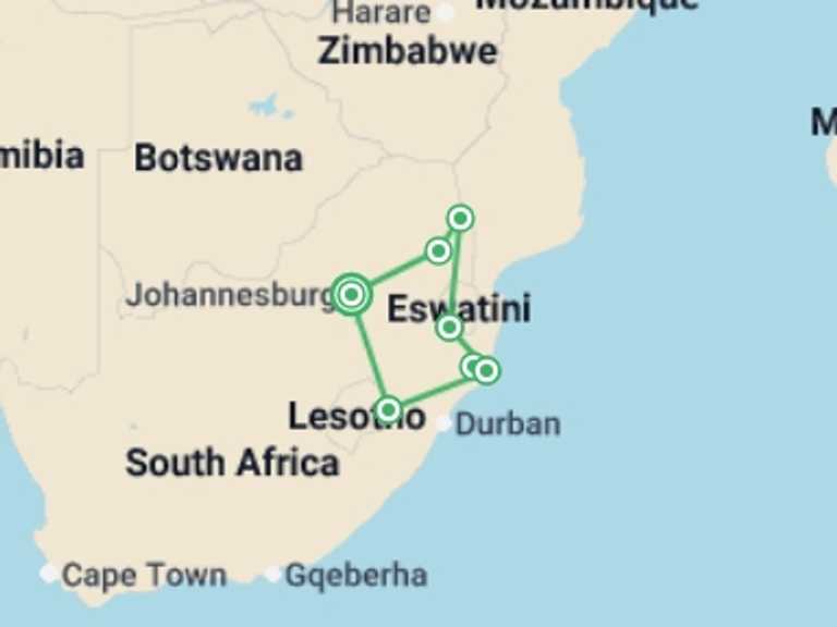 Map of 10-Day Africa Tour with 7 destination visits for the trip: South Africa & Eswatini