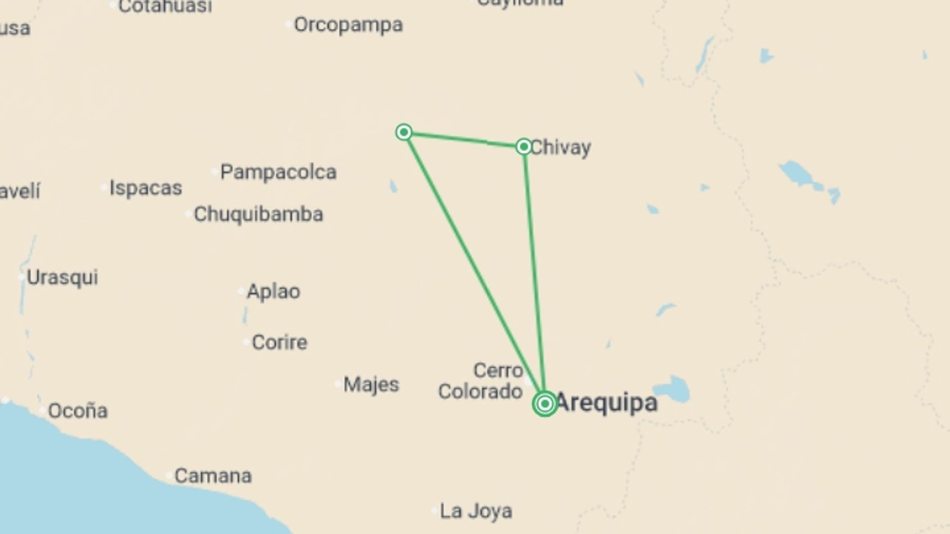 A map showing the tour itinerary for the trip: 3-day Colca Canyon Trek Adventure - Private Room - Transp/Guide, starting in Arequipa, Peru and ending in Arequipa, Peru going through 2 other destinations.