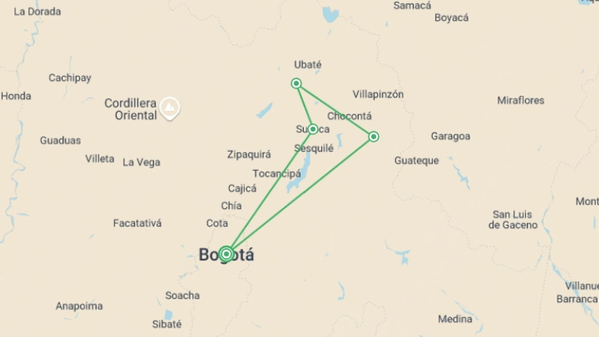 A map showing the tour itinerary for the trip: Rock Climbing Around Bogota, starting in Bogota, Colombia and ending in Bogota, Colombia going through 2 other destinations.
