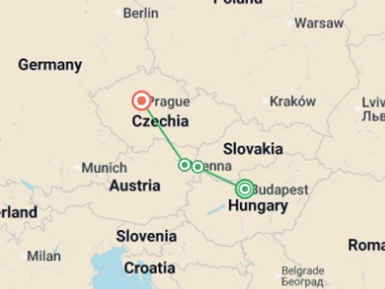 Map of a Wine tasting Tour with 4 destination visits for the trip: Budapest to Prague Adventure