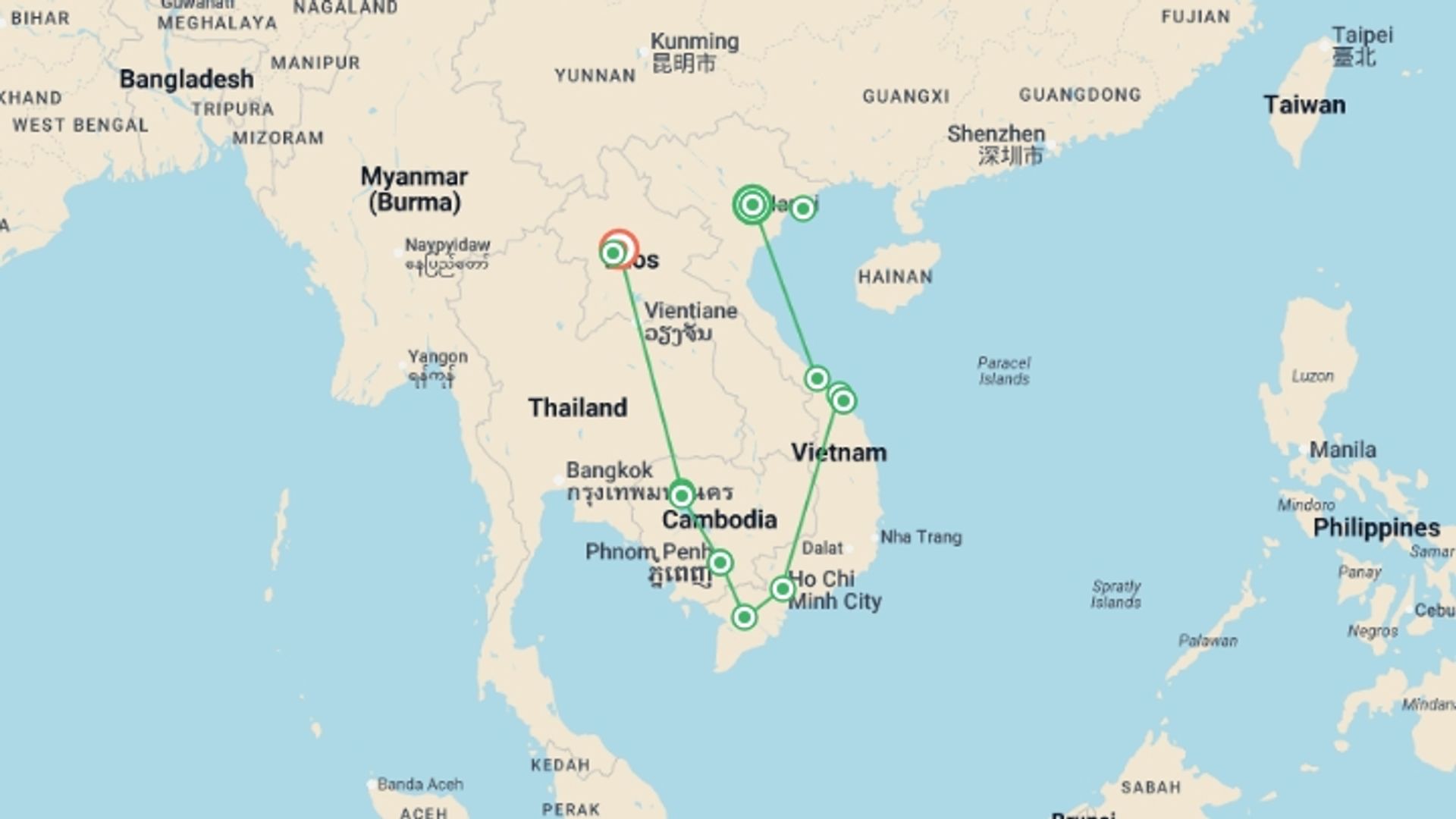 A map showing the tour itinerary for the trip: Vietnam, Cambodia & Laos Discovery - 18 days, starting in Hanoi, Vietnam and ending in Luang Prabang, Laos going through 10 other destinations.