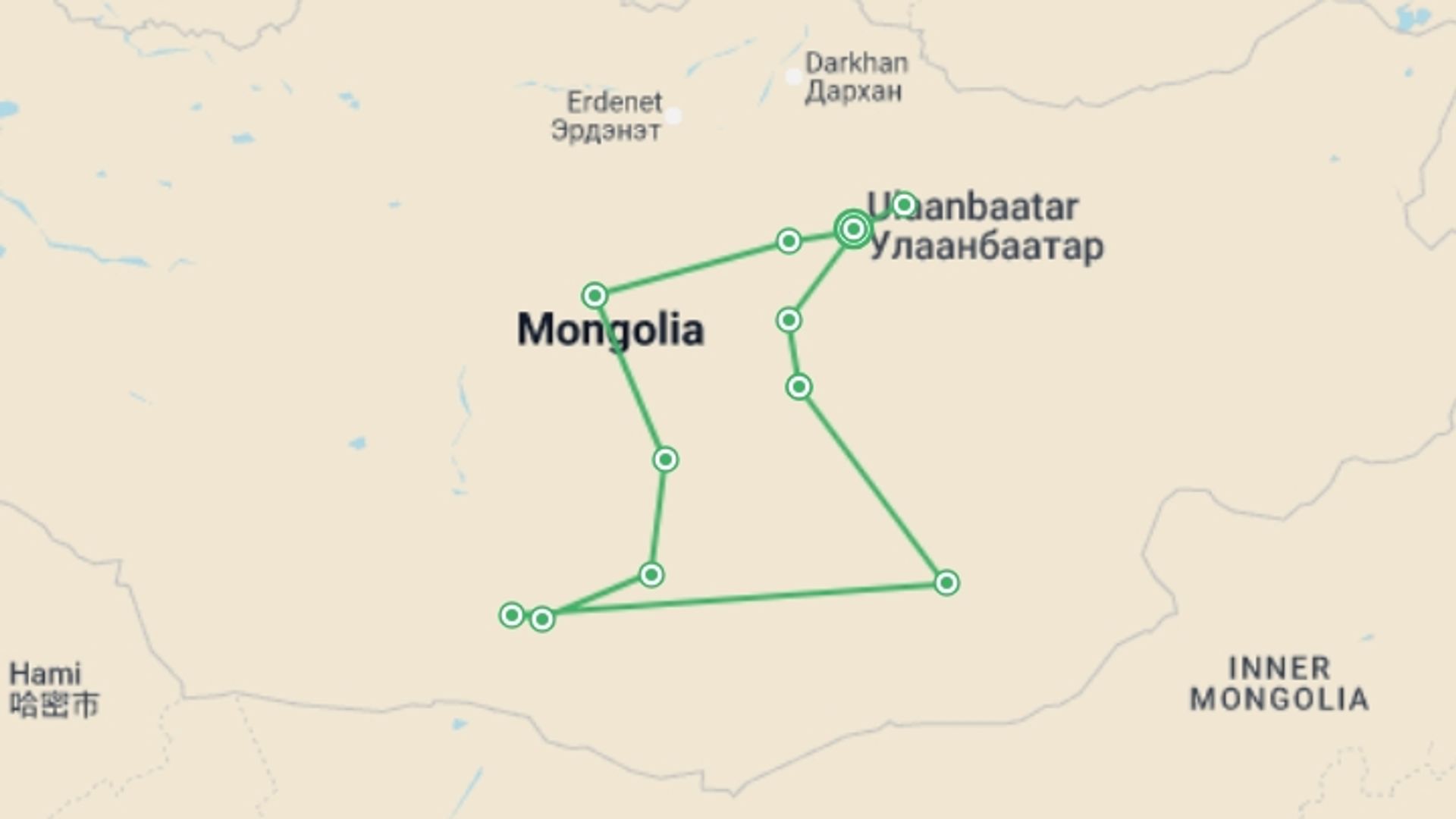 A map showing the tour itinerary for the trip: Naadam and Gobi Desert Explorer , starting in Ulaanbaatar, Mongolia and ending in Ulaanbaatar, Mongolia going through 10 other destinations.