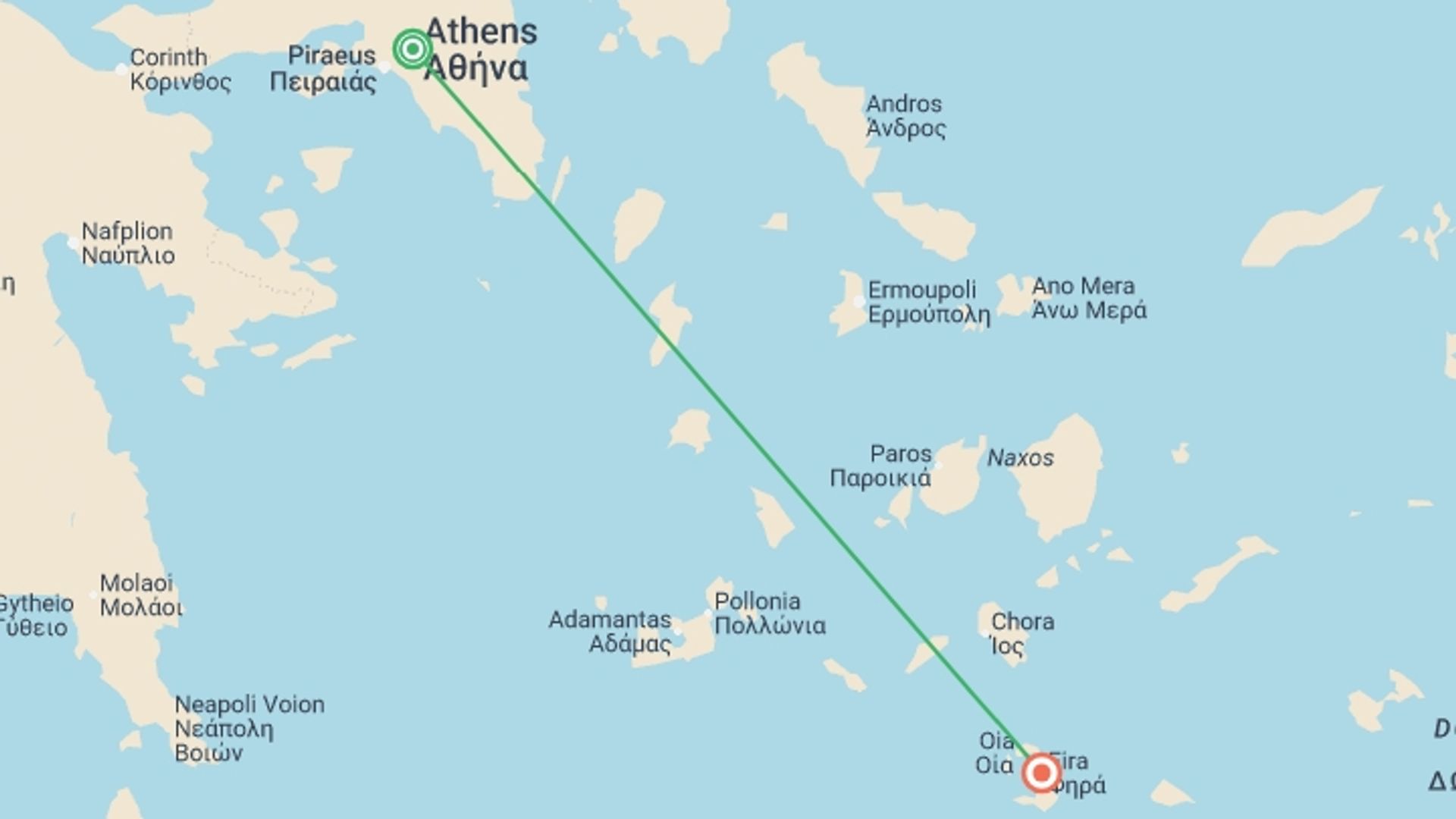 A map showing the tour itinerary for the trip: Athens & Santorini - 5 days, starting in Athens, Greece and ending in Santorini, Greece going through 0 other destinations.