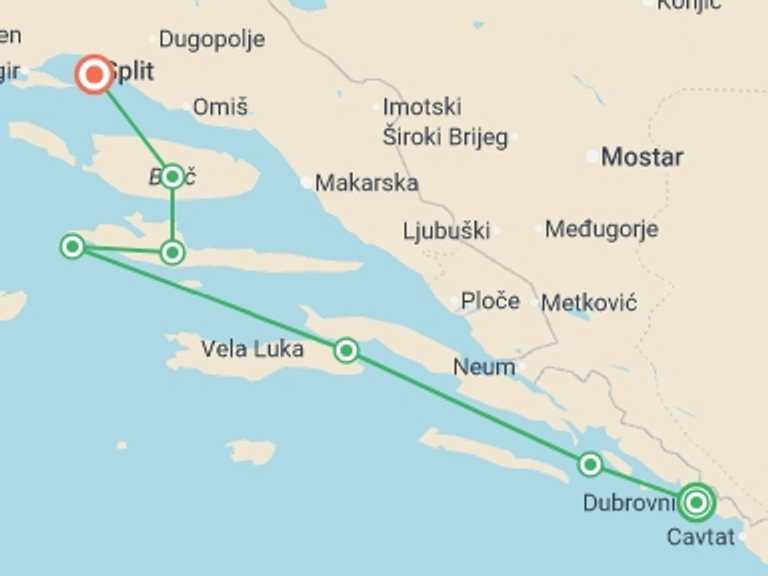 Map itinerary of Balkans Tour in August 2026 with 5 destination visits for the trip: Croatia Island Express (Premium Plus) - 6 Days