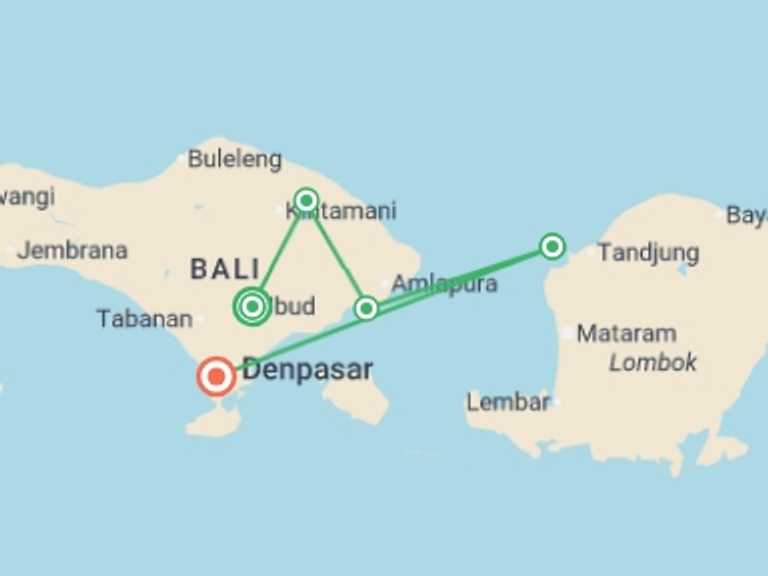 Map itinerary of Indonesia Tour in July 2027 with 5 destination visits for the trip: Essential Bali & Gili Islands