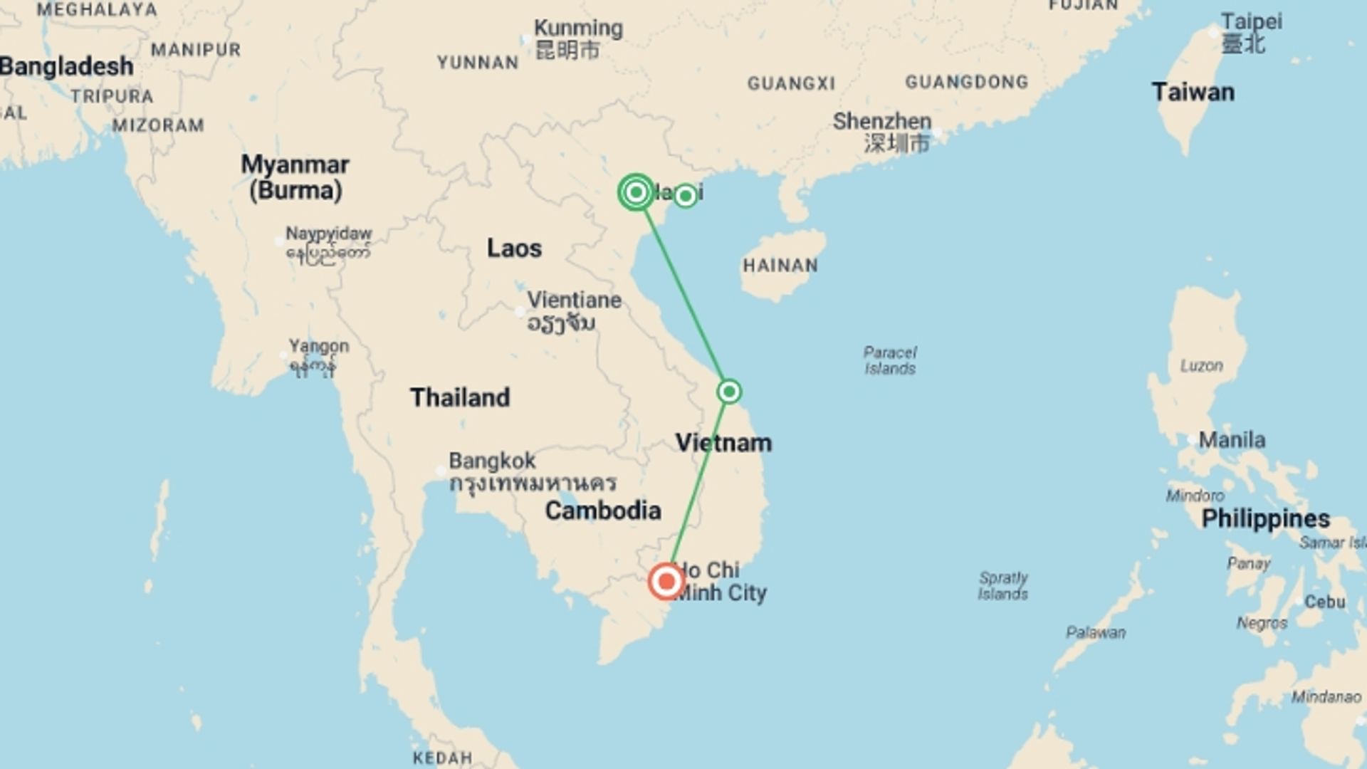 A map showing the tour itinerary for the trip: Premium Vietnam, starting in Hanoi, Vietnam and ending in Ho Chi Minh City, Vietnam going through 4 other destinations.