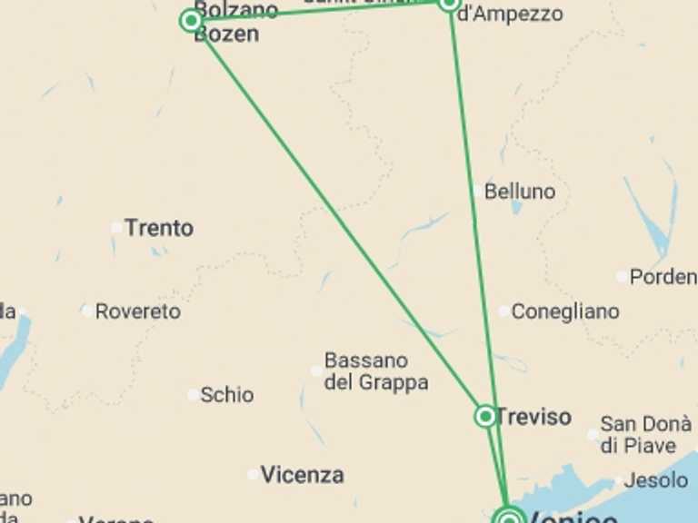Map itinerary of Europe Tour in Spring with 4 destination visits for the trip: The Dolomites And Prosecco, Self-drive