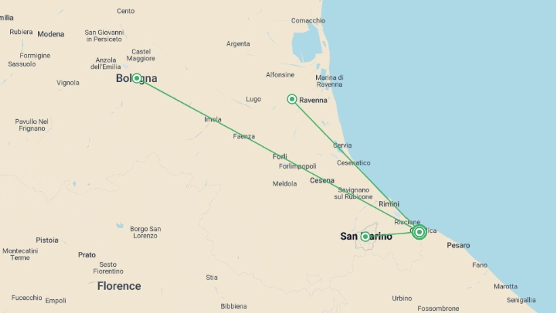 A map showing the tour itinerary for the trip: Italy's Adriatic Coast - 8 days, starting in Gabicce Mare, Italy and ending in Gabicce Mare, Italy going through 1 other destinations.