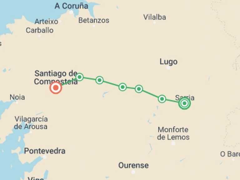 Map itinerary of Santiago De Compostela Tour in May 2026 with 7 destination visits for the trip: Highlights of the Camino de Santiago Walk