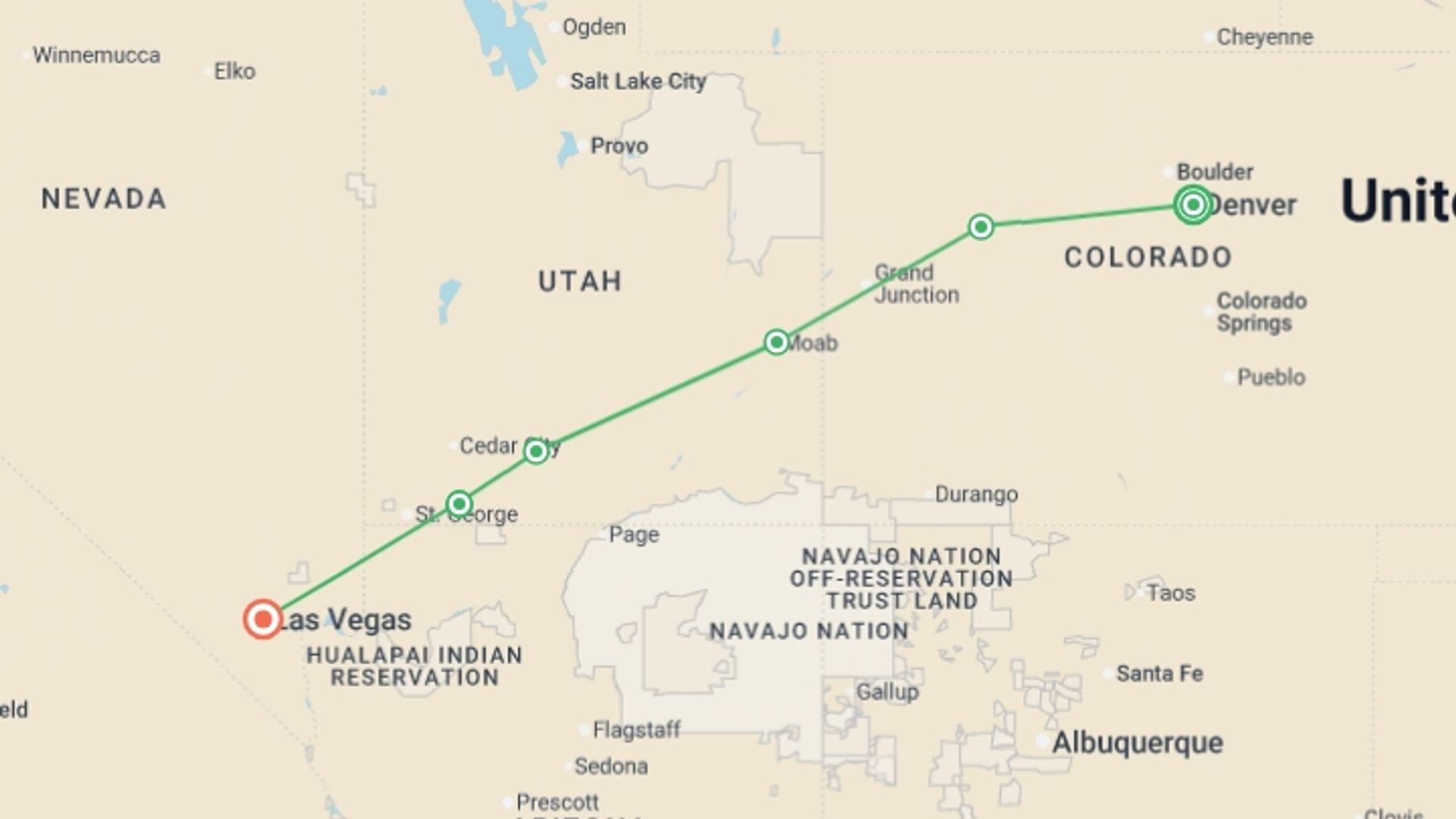 A map showing the tour itinerary for the trip: Utah's Mighty Five, starting in Denver, USA and ending in Las Vegas, USA going through 4 other destinations.