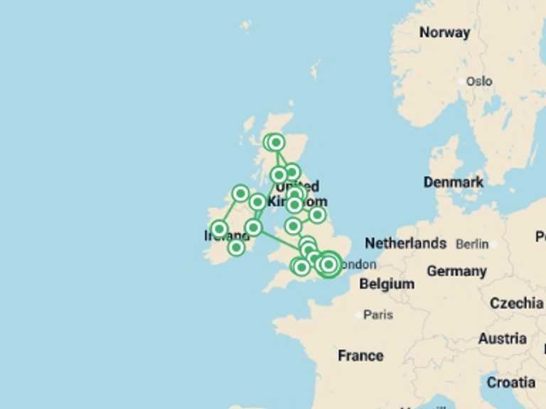 Map of Glasgow Cultural, religious and historic sites Tour with 14 destination visits for the trip: Great Britain and Ireland Reunion 35 to 45