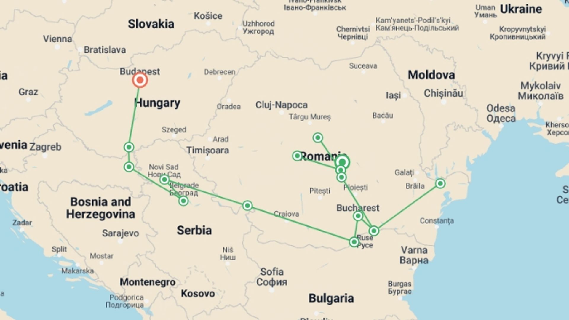 A map showing the tour itinerary for the trip: Along the Danube, the Balkan peninsula and Budapest (port-to-port cruise), starting in Brasov, Romania and ending in Budapest, Hungary going through 8 other destinations.