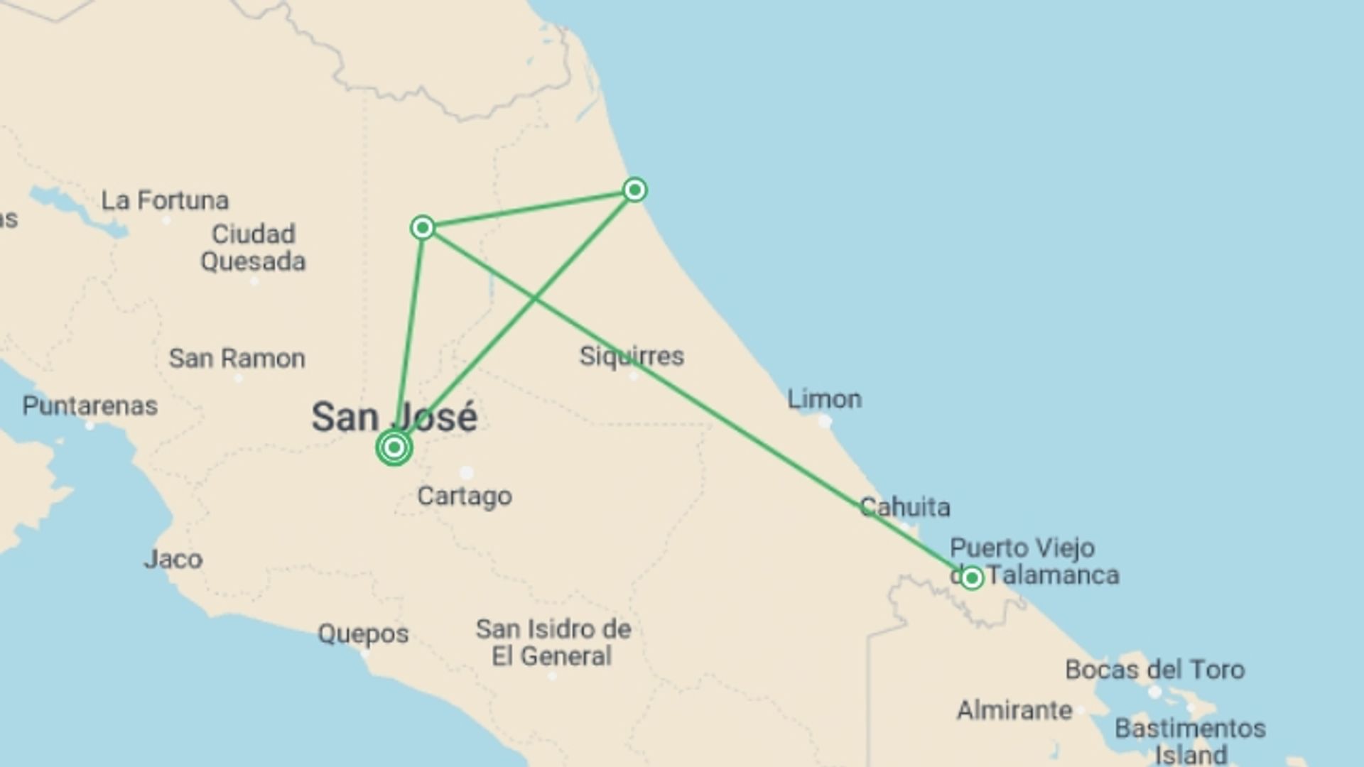A map showing the tour itinerary for the trip: A taste of the Caribbean, starting in San Jose, Costa Rica and ending in San Jose, Costa Rica going through 5 other destinations.