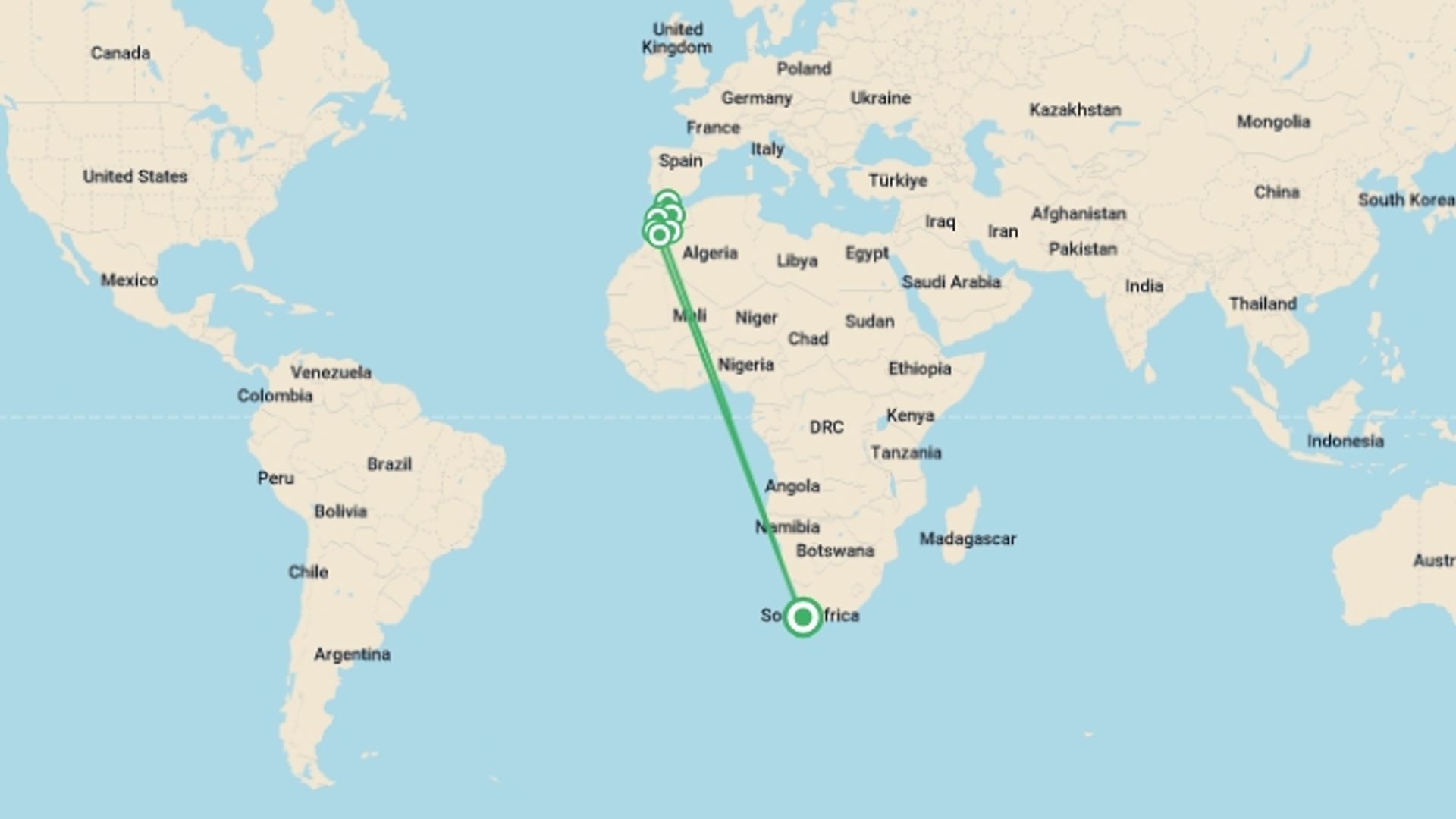 A map showing the tour itinerary for the trip: Morocco Eclipse Adventure, starting in Cape Town, South Africa and ending in Cape Town, South Africa going through 6 other destinations.
