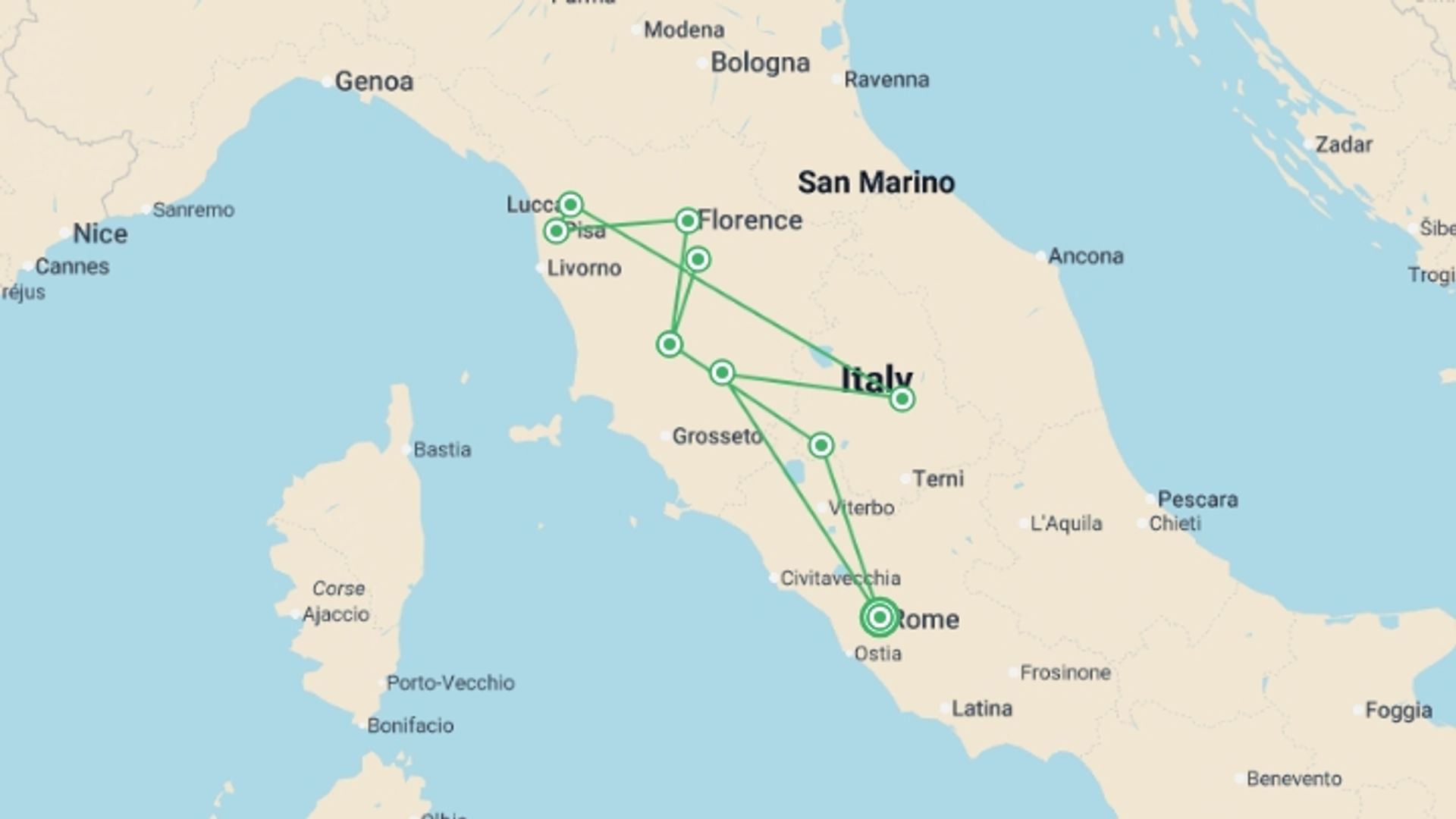 A map showing the tour itinerary for the trip: Tuscan Escape, starting in Rome, Italy and ending in Rome, Italy going through 4 other destinations.