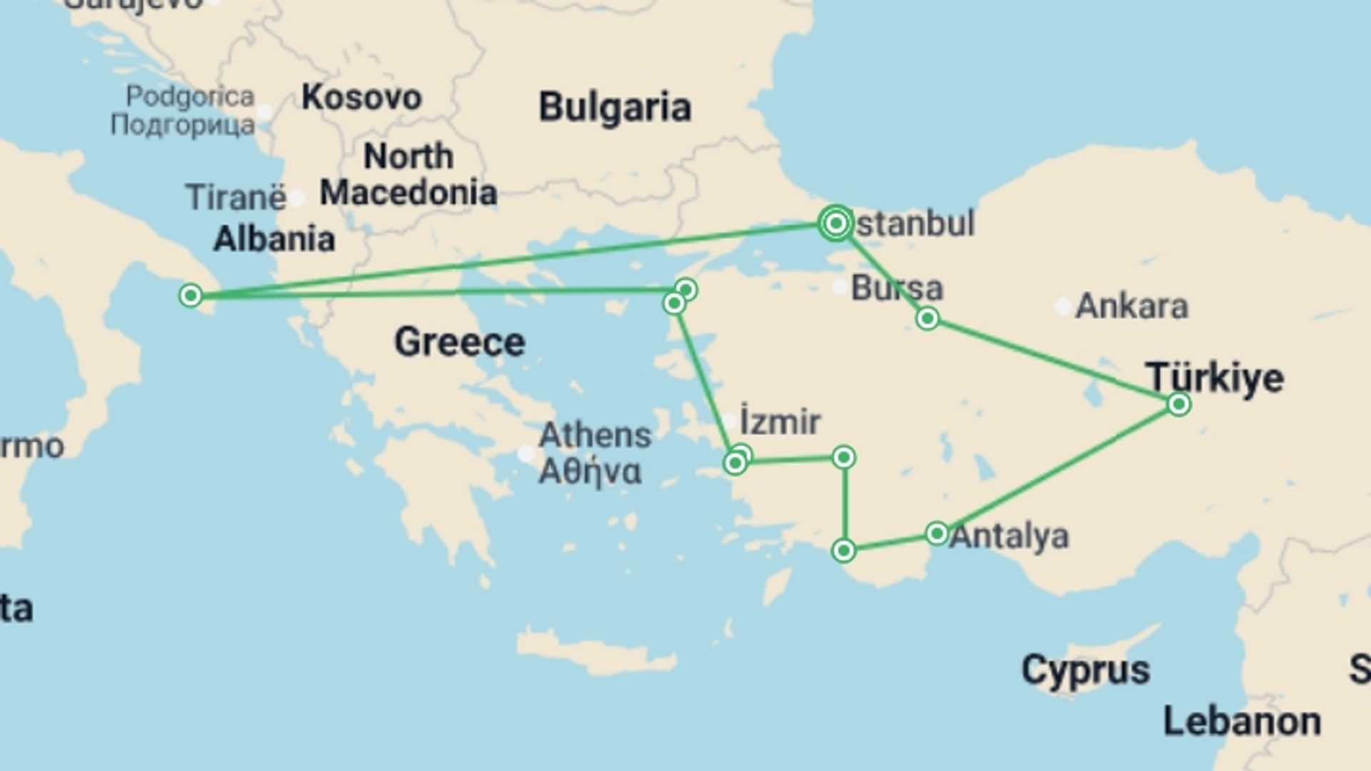 A map showing the tour itinerary for the trip: Delve Deep: Turkey, starting in Istanbul, Turkey and ending in Istanbul, Turkey going through 6 other destinations.