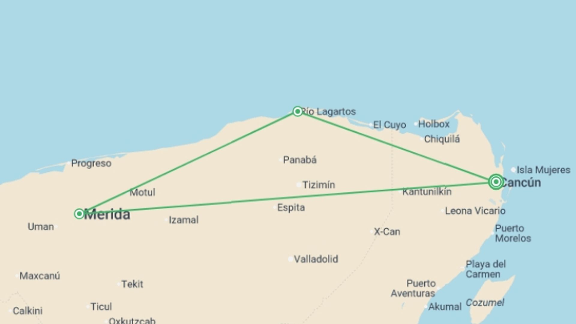 A map showing the tour itinerary for the trip: Yucatan Pearls, starting in Cancún, Mexico and ending in Cancún, Mexico going through 2 other destinations.