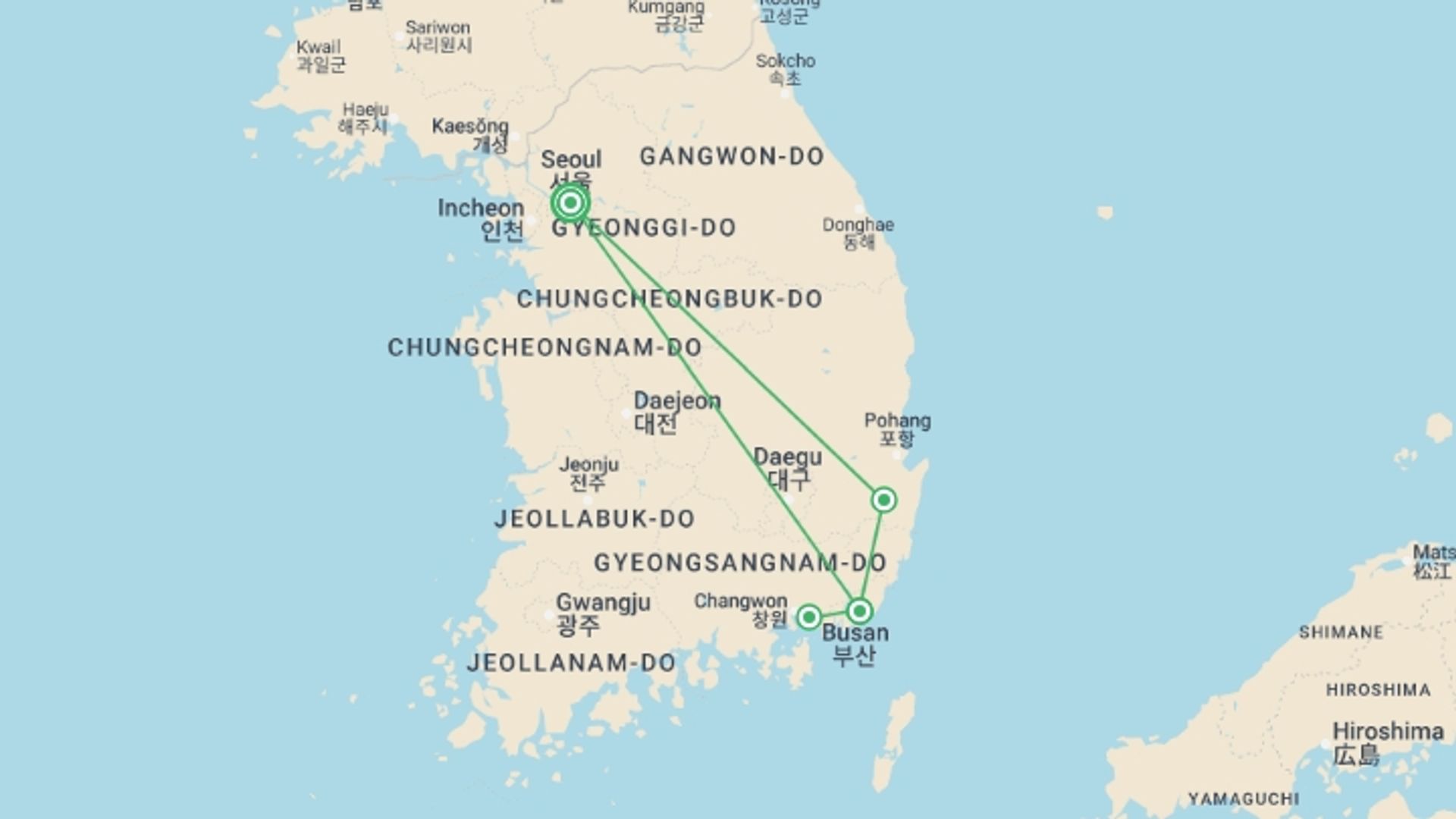 A map showing the tour itinerary for the trip: South Korea Cherry Blossom Festival - 7 days, starting in Seoul, South Korea and ending in Seoul, South Korea going through 1 other destinations.