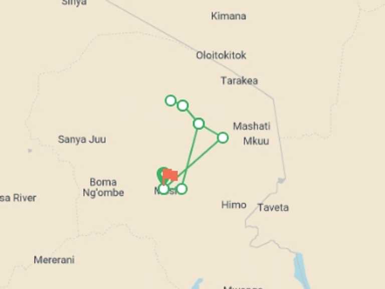Map of Moshi Climbing Tour with 7 destination visits for the trip: Kilimanjaro - Marangu Route - Private Trip