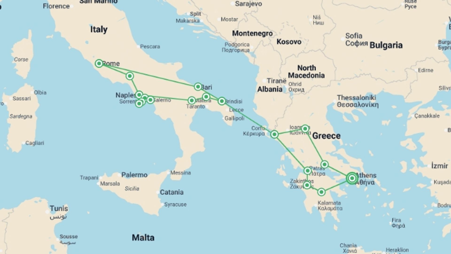 A map showing the tour itinerary for the trip: Greece and Heart of Italy with Meteoras, starting in Athens, Greece and ending in Athens, Greece going through 8 other destinations.