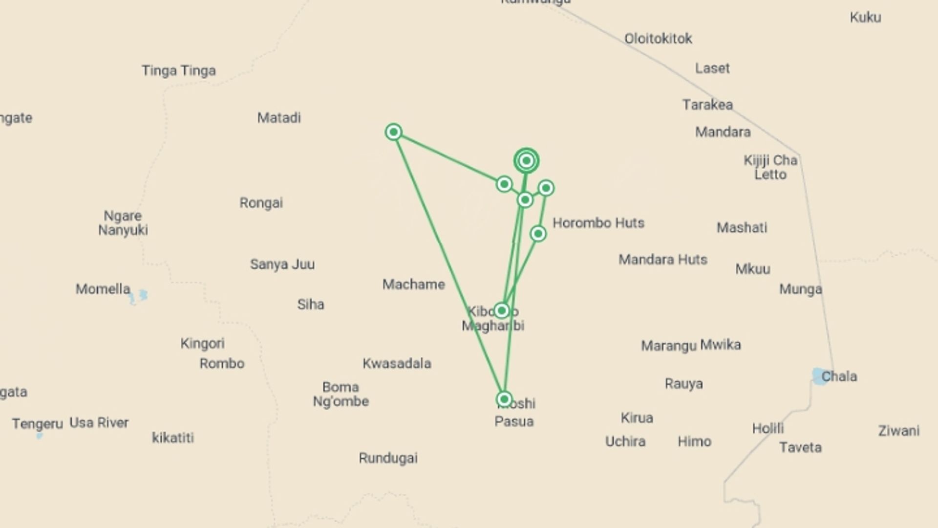 A map showing the tour itinerary for the trip: Kilimanjaro Trek - Lemosho Route in 10 days, starting in Kilimanjaro, Tanzania and ending in Kilimanjaro, Tanzania going through 7 other destinations.
