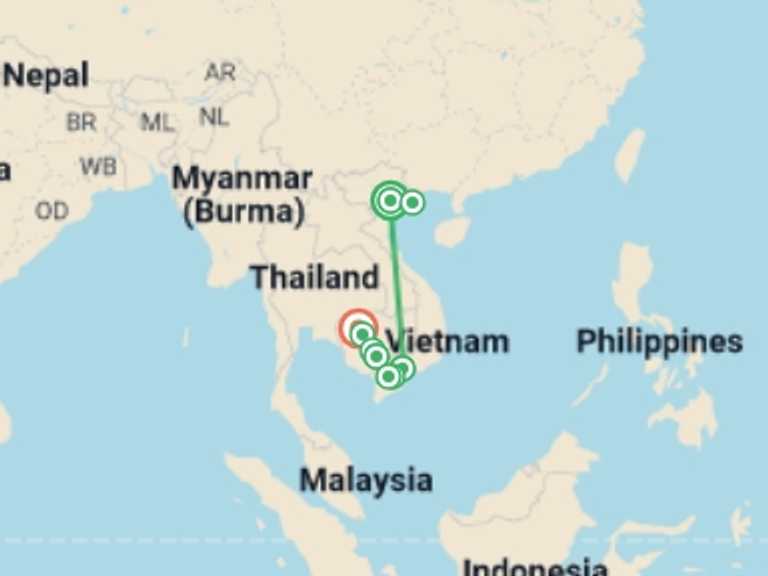 Map of 15-Day Phnom Penh Tour with 9 destination visits for the trip: From the Mekong Delta to the Angkor Temples, Hanoi, and Halong Bay (port-to-port cruise)