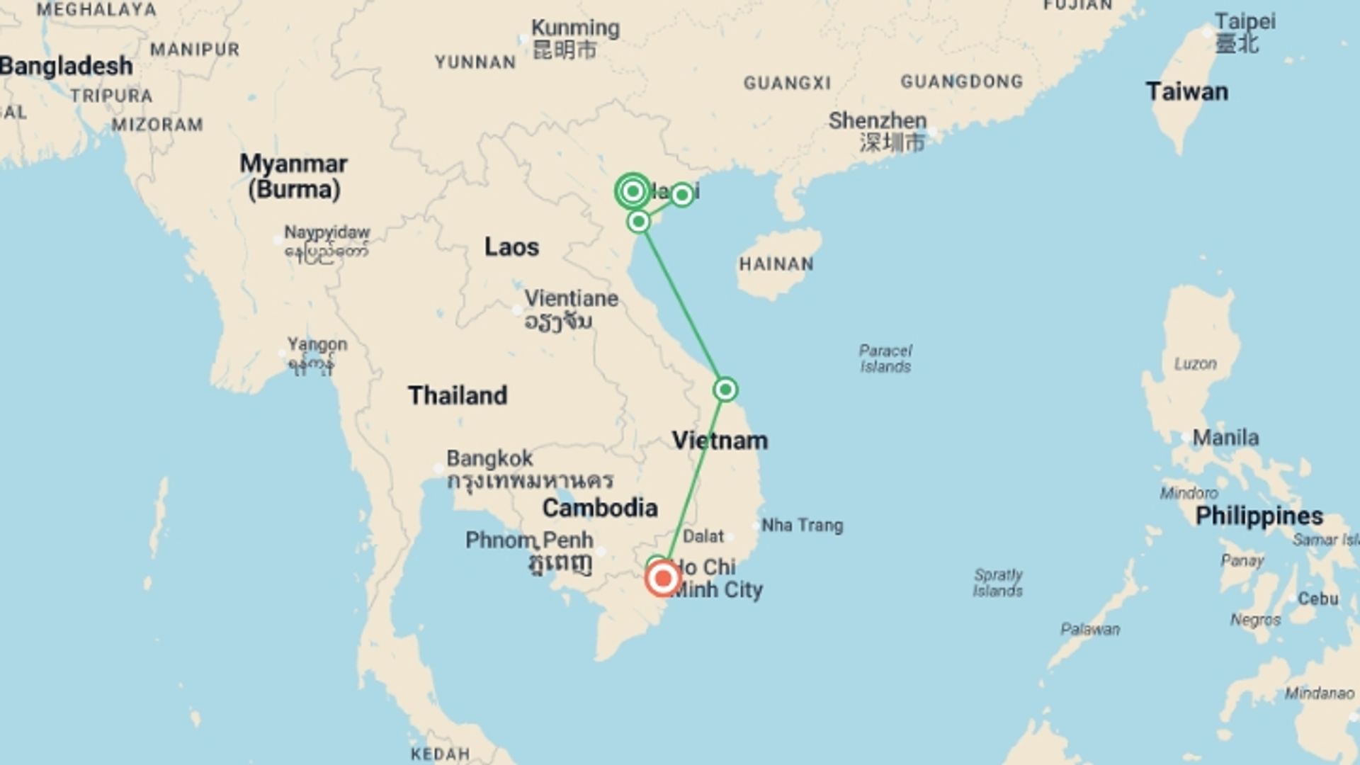 A map showing the tour itinerary for the trip: Vietnam Intro 12 day, starting in Hanoi, Vietnam and ending in Ho Chi Minh City, Vietnam going through 3 other destinations.