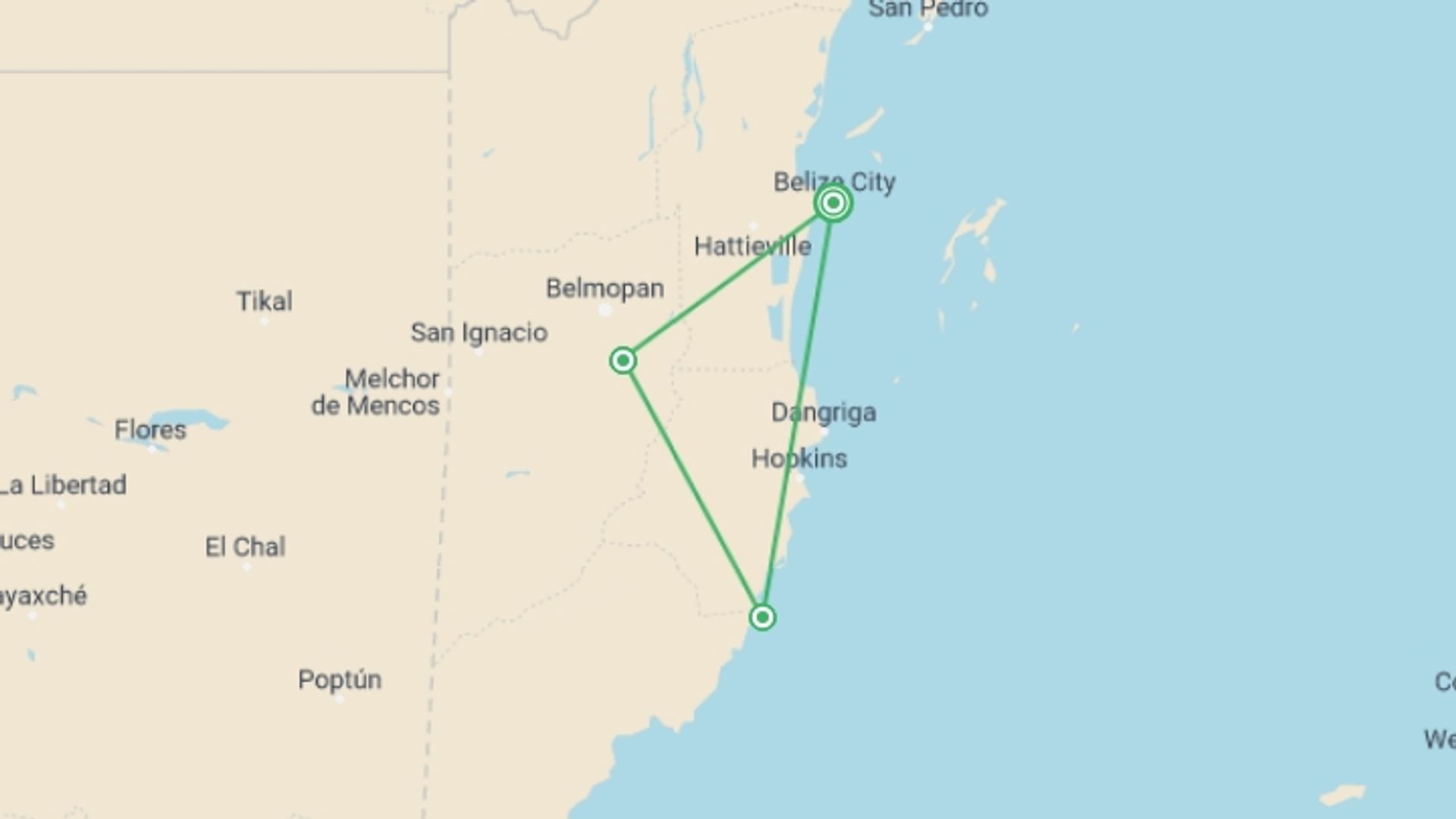 A map showing the tour itinerary for the trip: Belize Family Journey: Rainforests, Beaches & Ancient Caves, starting in Belize City, Belize and ending in Belize City, Belize going through 2 other destinations.