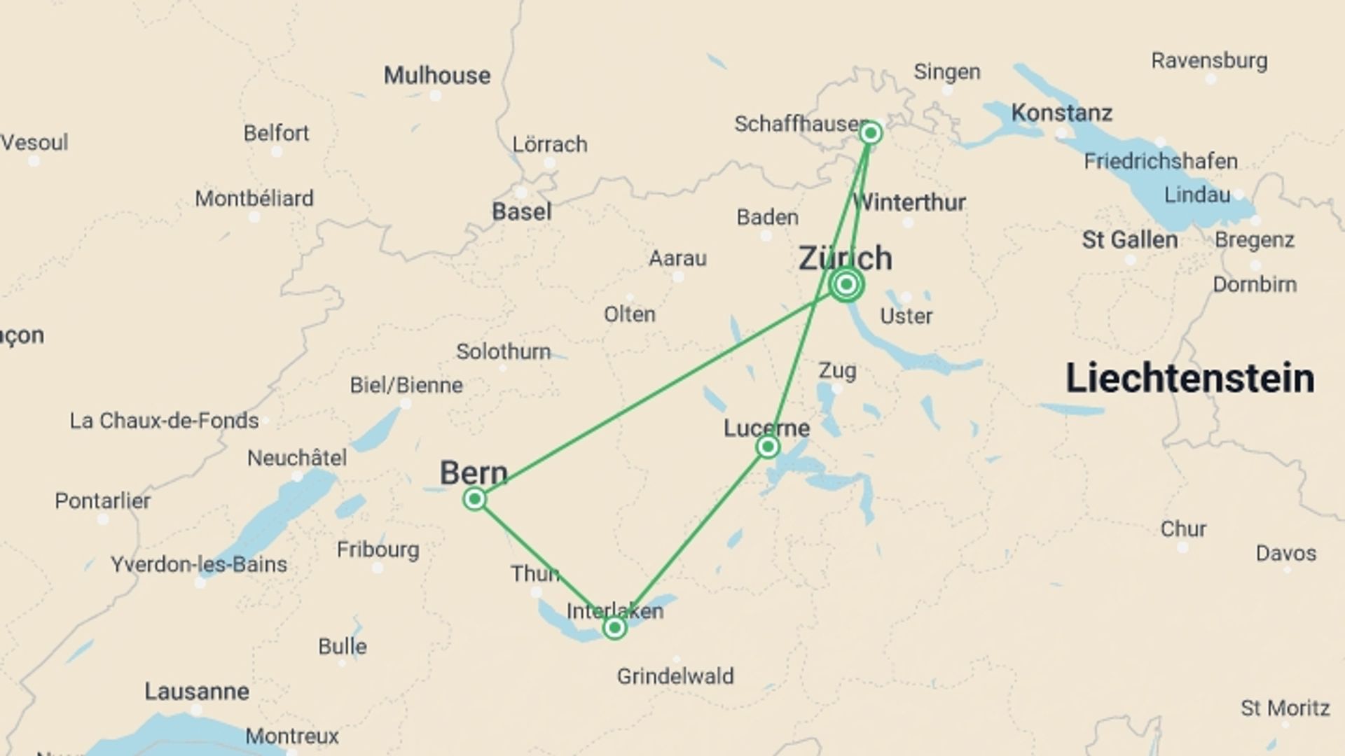 A map showing the tour itinerary for the trip: Classic Switzerland Self Drive, starting in Zurich, Switzerland and ending in Zurich, Switzerland going through 3 other destinations.