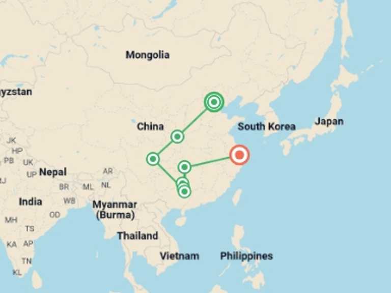 Map of China Tour with 8 destination visits for the trip: 15-Day Hidden Gems of China Small Group Tour