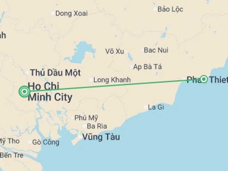 Map itinerary of Vietnam Tour in May 2026 with 2 destination visits for the trip: Saigon & Mui Ne (Deluxe) - 8 days 