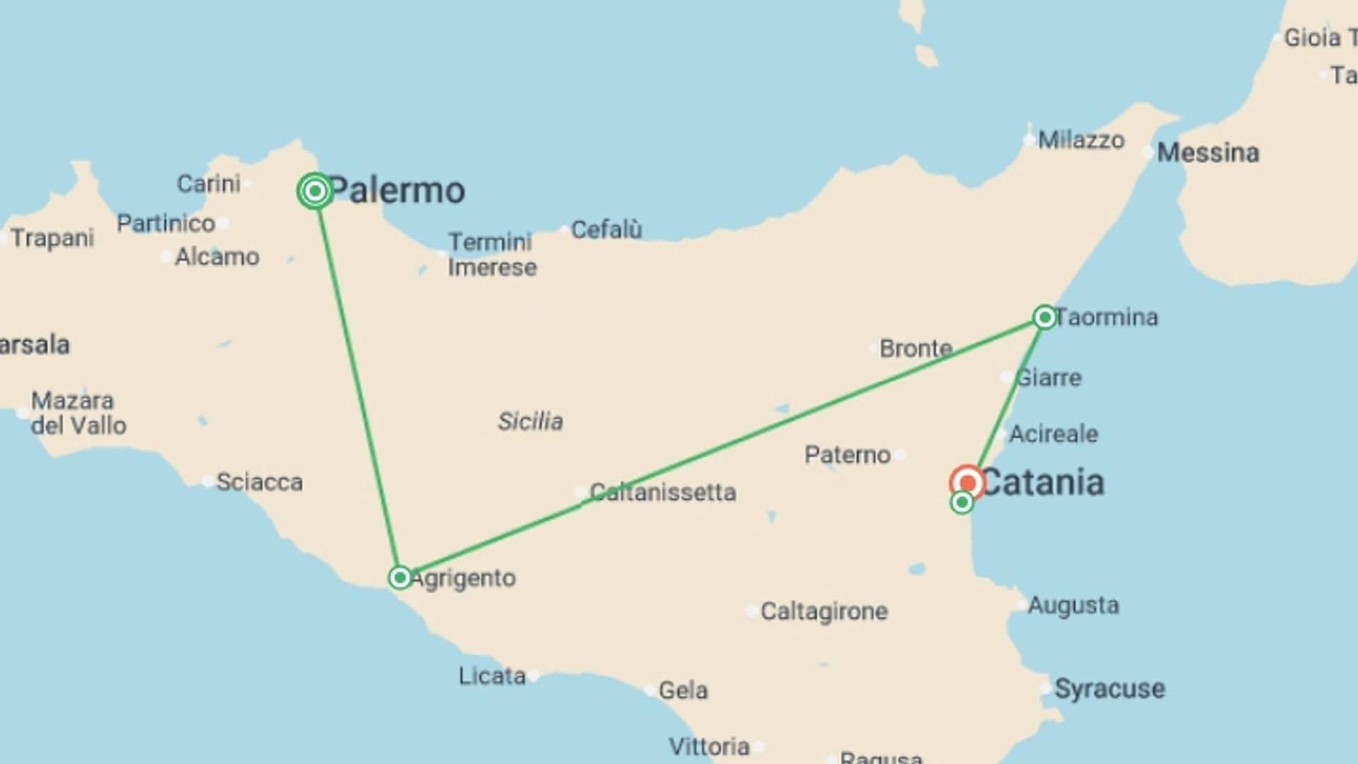 A map showing the tour itinerary for the trip: Sicily Discovery - 7 days, starting in Palermo, Italy and ending in Catania, Italy going through 3 other destinations.
