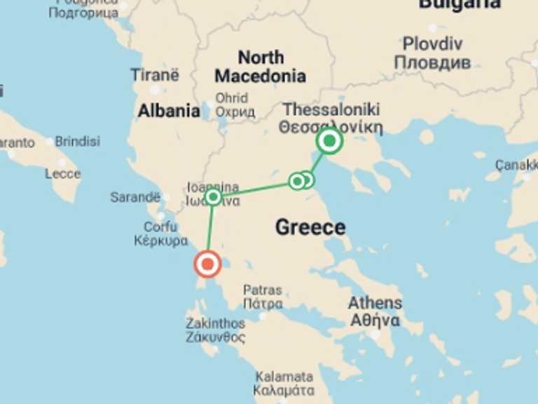 Map itinerary of Greece Tour in May 2027 with 6 destination visits for the trip: Hiking Northern Greece