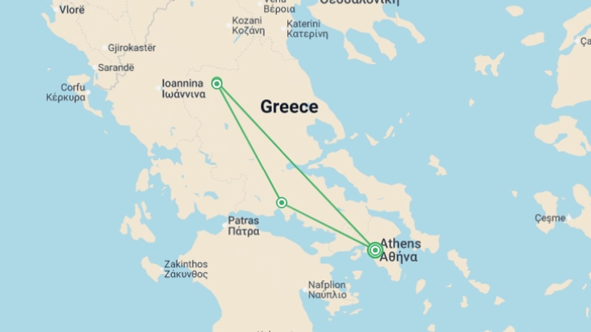 A map showing the tour itinerary for the trip: Jewels of Greece Express - 5 Days, starting in Athens, Greece and ending in Athens, Greece going through 1 other destinations.