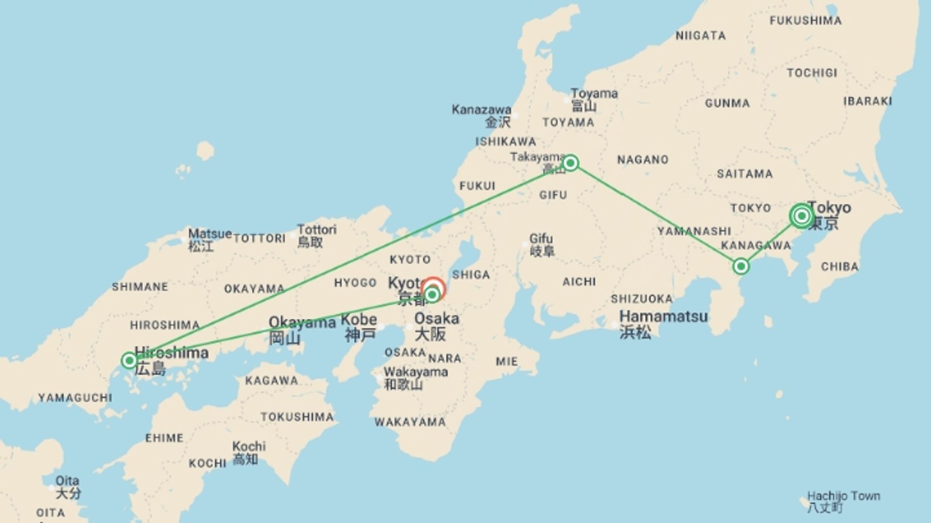 A map showing the tour itinerary for the trip: Japan: Land of the Rising Sun, starting in Tokyo, Japan and ending in Kyoto, Japan going through 4 other destinations.