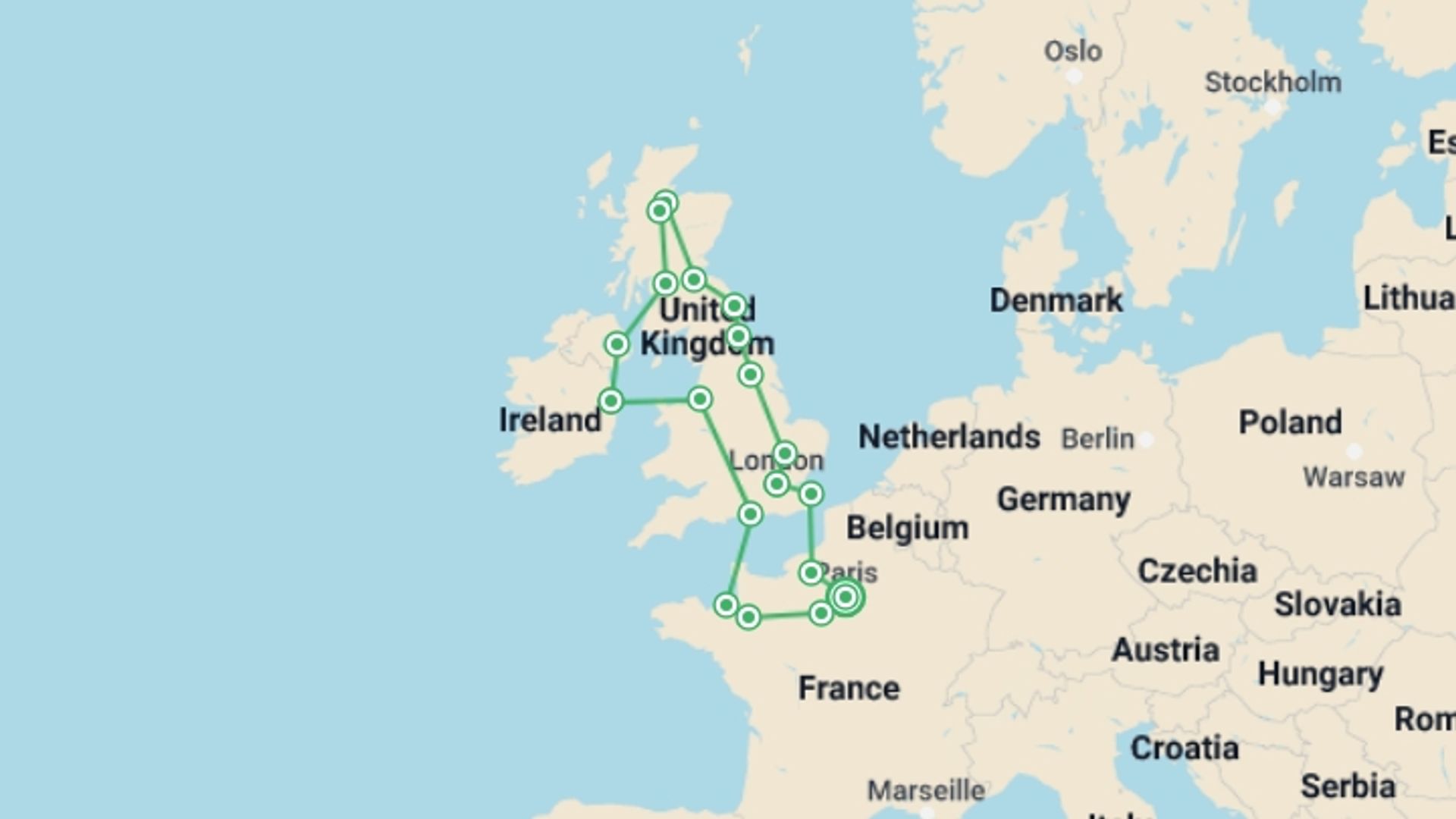 A map showing the tour itinerary for the trip: United Kingdom and Brittany with Rouen, starting in Paris, France and ending in Paris, France going through 8 other destinations.