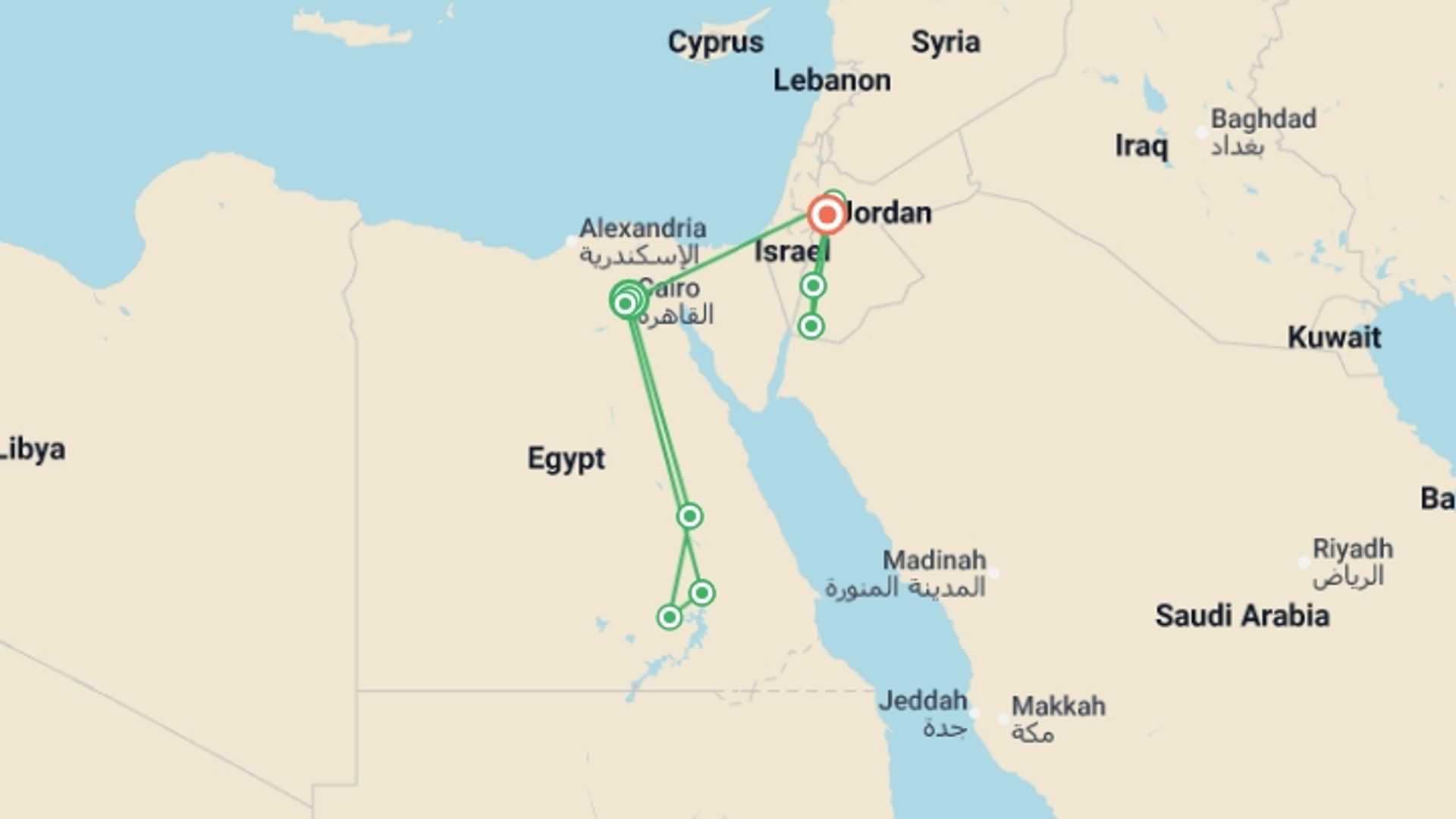 A map showing the tour itinerary for the trip: Real Egypt & Jordan, starting in Cairo, Egypt and ending in Madaba, Jordan going through 7 other destinations.
