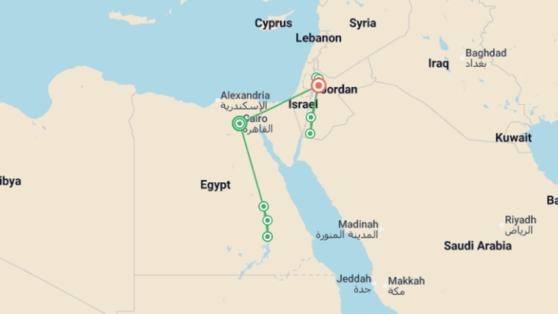 A map showing the tour itinerary for the trip: Egypt & Jordan Explored By Nile Cruise (5 & 4 Star Hotels), starting in Cairo, Egypt and ending in Amman, Jordan going through 5 other destinations.