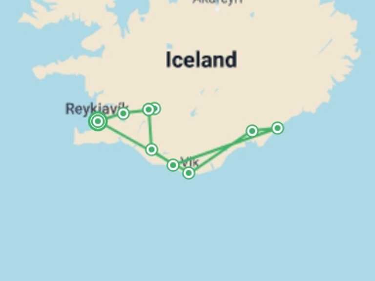 Map of a National parks Tour with 7 destination visits for the trip: Iceland Express