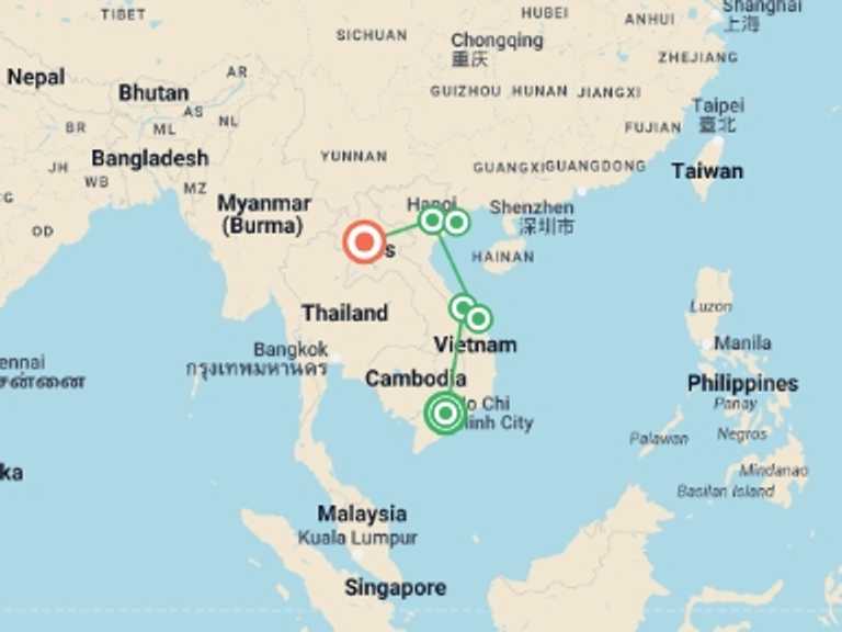 Map itinerary of Hanoi Tour in Winter with 6 destination visits for the trip: Sensational Vietnam and Laos