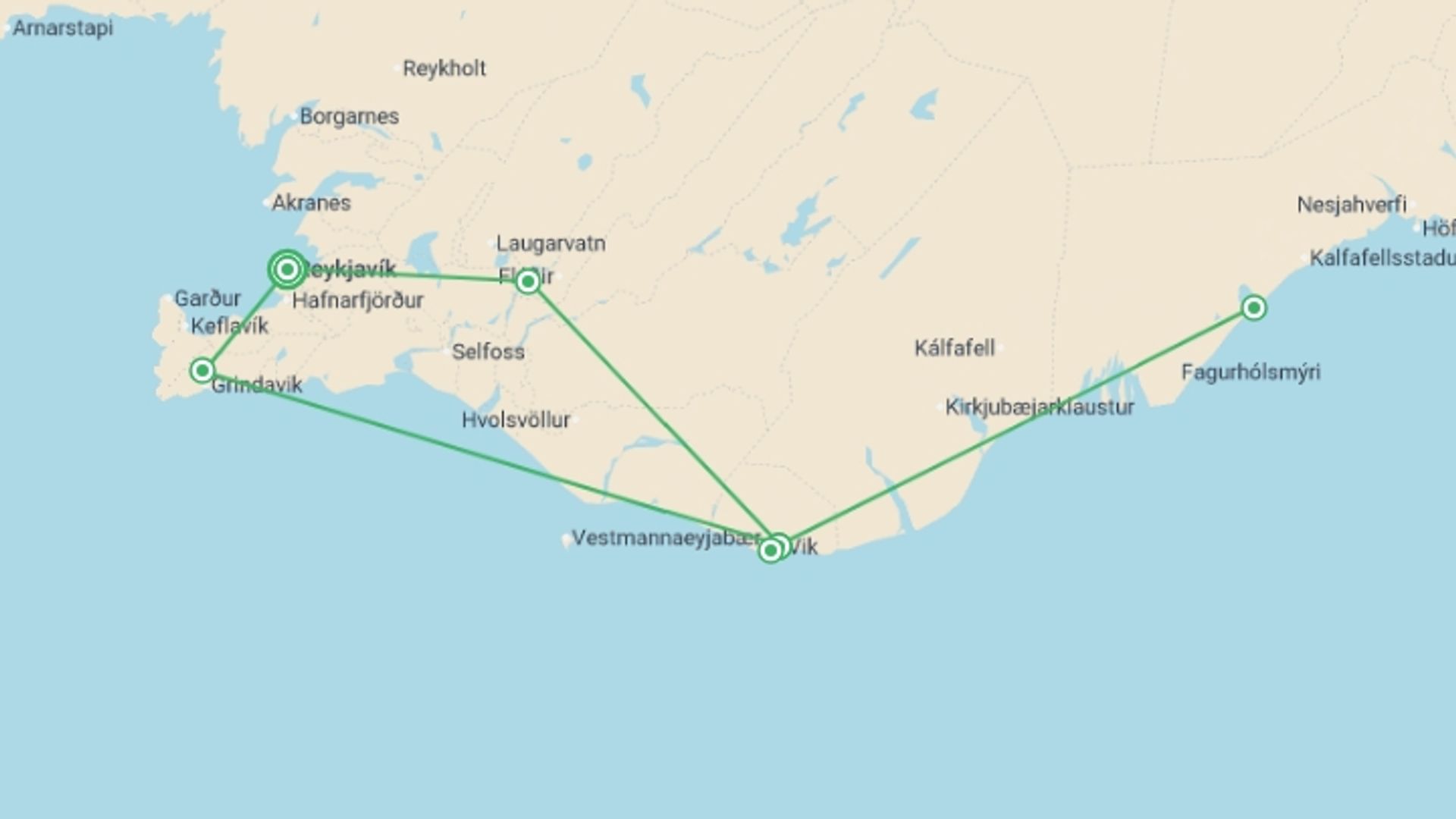 A map showing the tour itinerary for the trip: Iceland's Magical Northern Lights , starting in Reykjavik, Iceland and ending in Reykjavik, Iceland going through 1 other destinations.