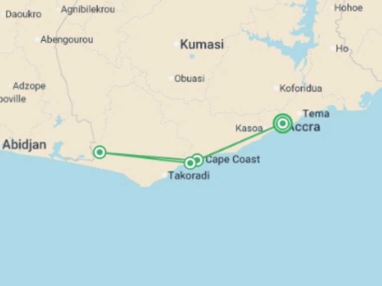 Map of West Africa Tour with 4 destination visits for the trip: Ghana: Beaches & Breathtaking Coastlines