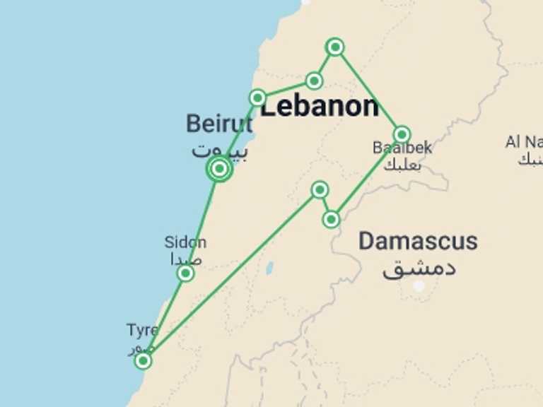 Map of a Local culture Tour with 6 destination visits for the trip: Lebanon Encounters