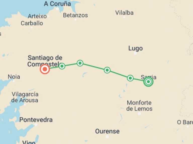 Map itinerary of Spain Tour in July 2027 with 6 destination visits for the trip: Walk the Camino de Santiago