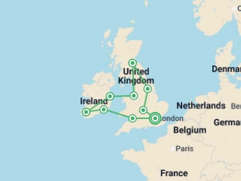 Map itinerary of Europe Tour in April 2027 with 9 destination visits for the trip: Wonders of Britain and Ireland