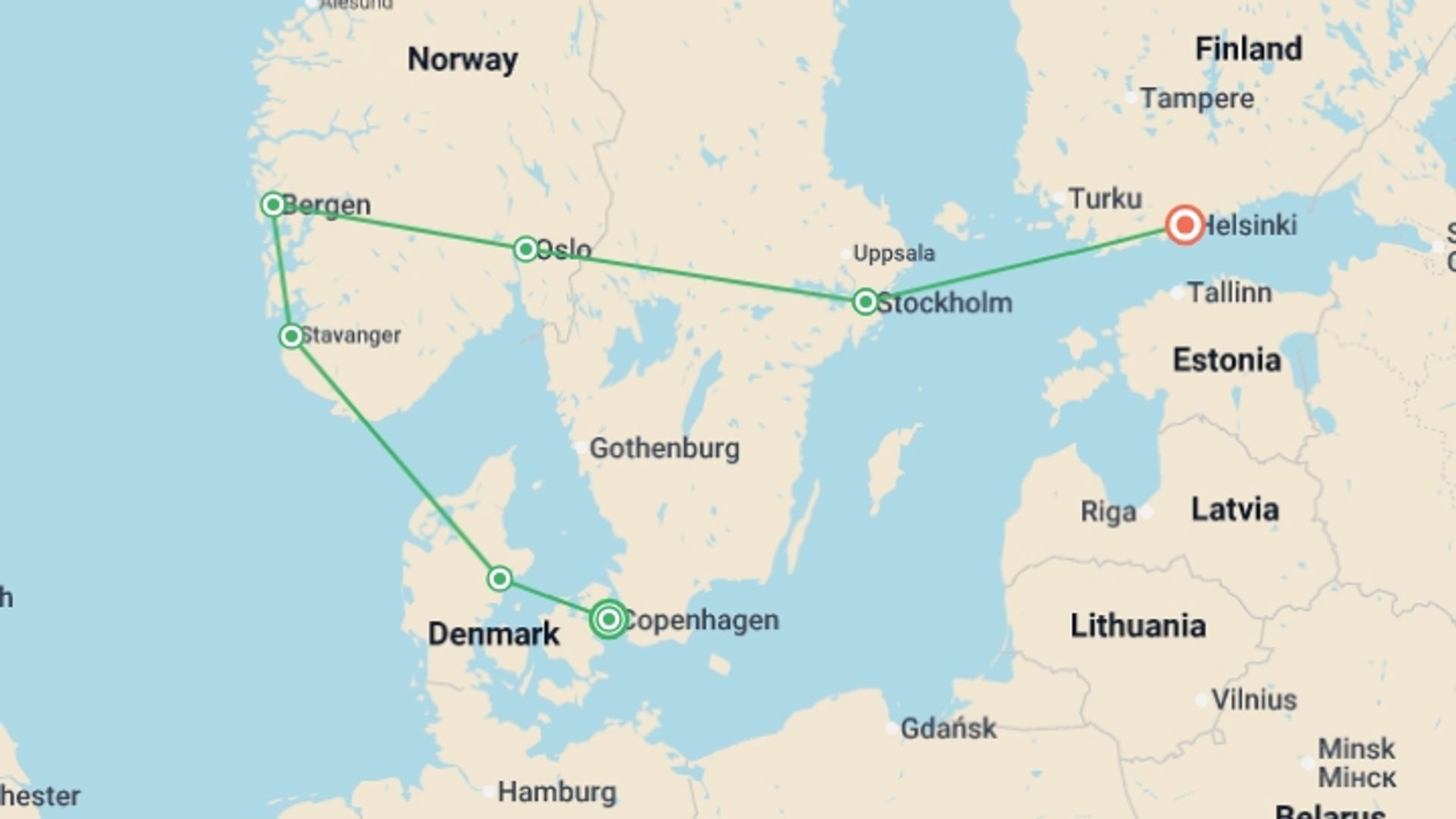 A map showing the tour itinerary for the trip: From Copenhagen to Helsinki, starting in Copenhagen, Denmark and ending in Helsinki, Finland going through 5 other destinations.